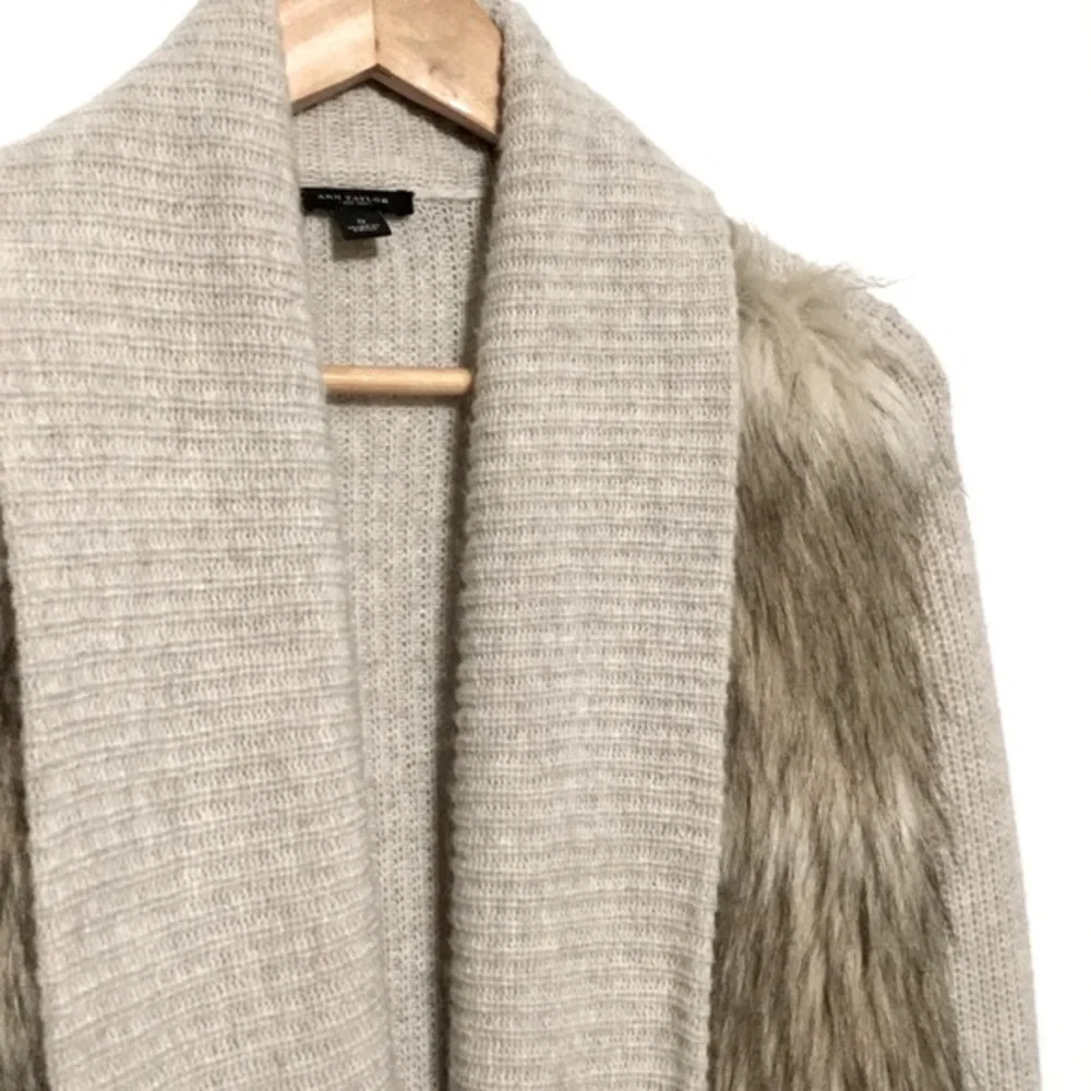 ANN TAYLOR sz Small Merino Wool Alpaca Open Sweater + Faux Fur Natural Colors